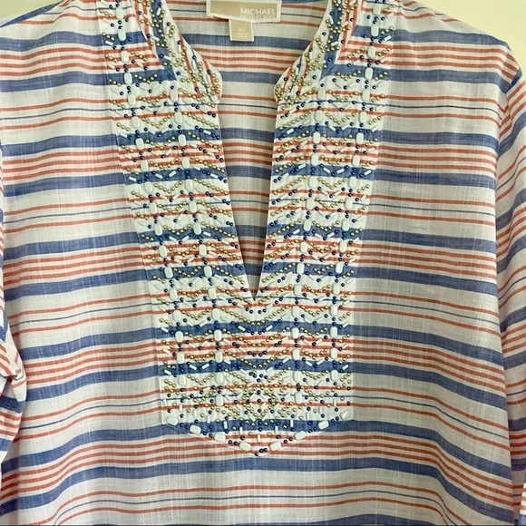 MICHAEL Michael Kors Beaded Tunic, White w/ Red & Blue Strip… - Picture 3 of 12